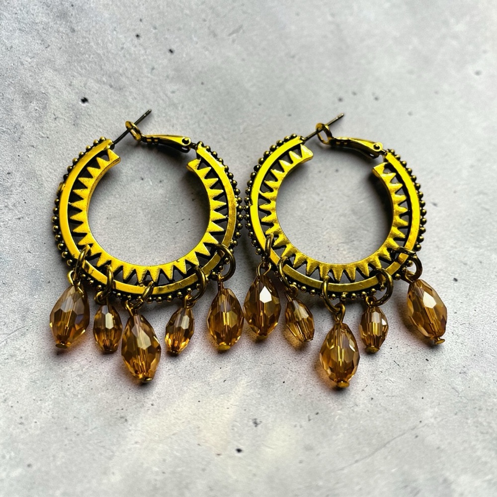 Sassy Jones Yellow and Gold Crystal Dangle Hoop Earrings